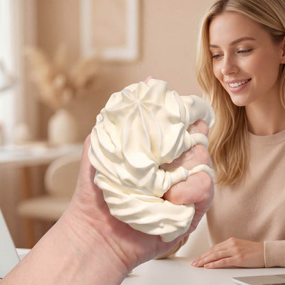 Cream White Swirl Squishy Ball on desk by Monsclub
